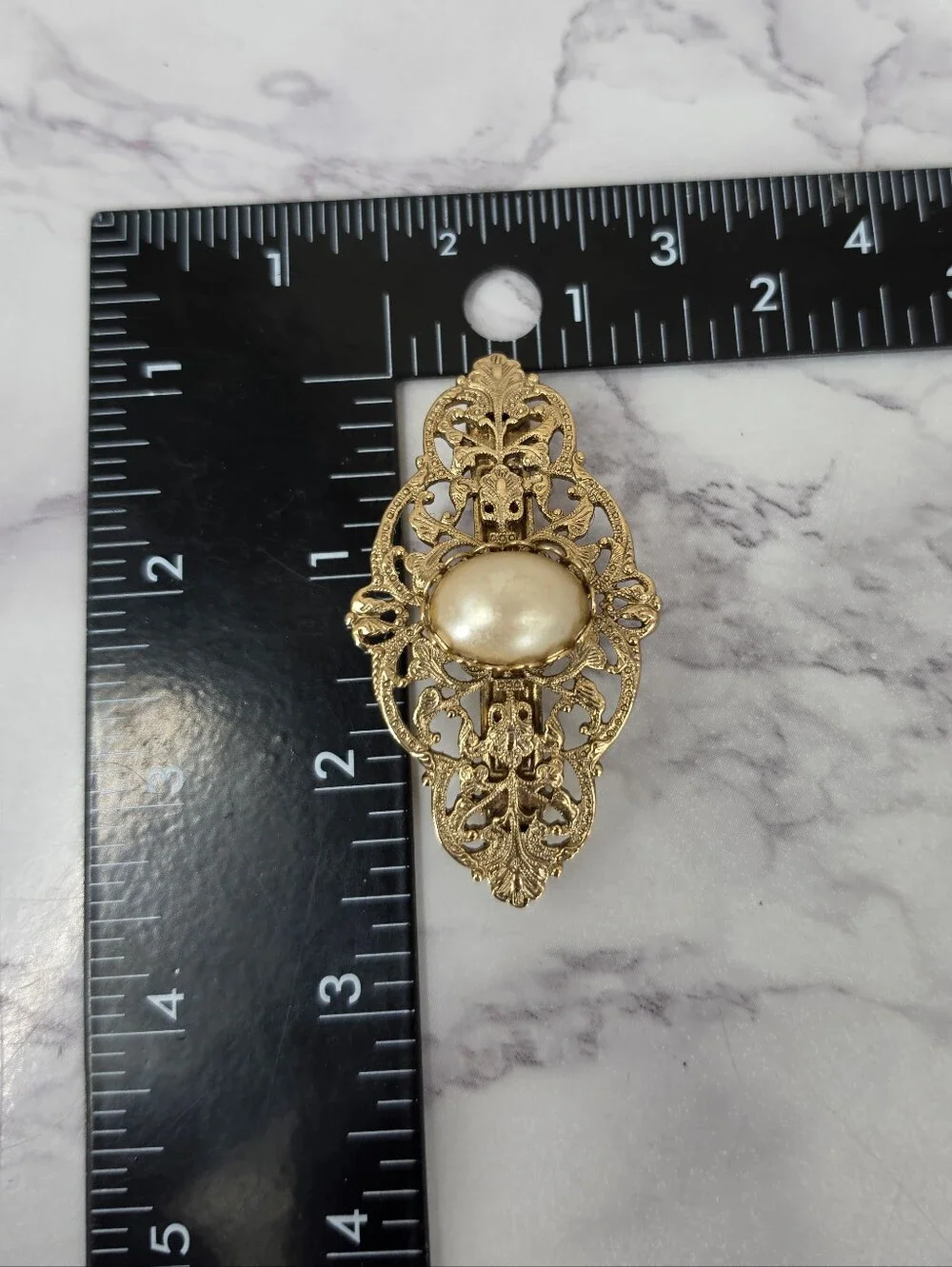 Vintage French Hair Barrettes Gold-Tone Vintage Floral Filigree Pearl Accent